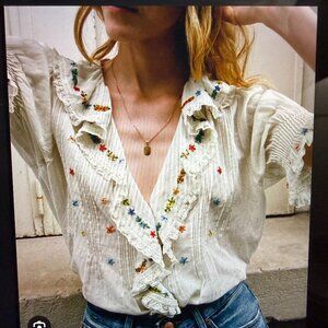 DOEN Sz L Hettie Embroidered Ruffle Organic Cotton Top in Sea Salt